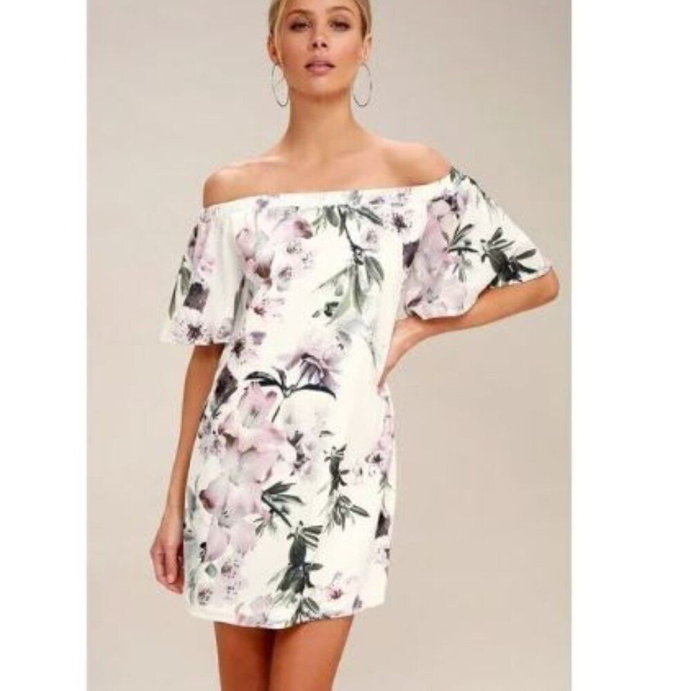 LULU'S Dream Of You Ivory Floral Print Off-the-Shoulder Shift Dress White Small